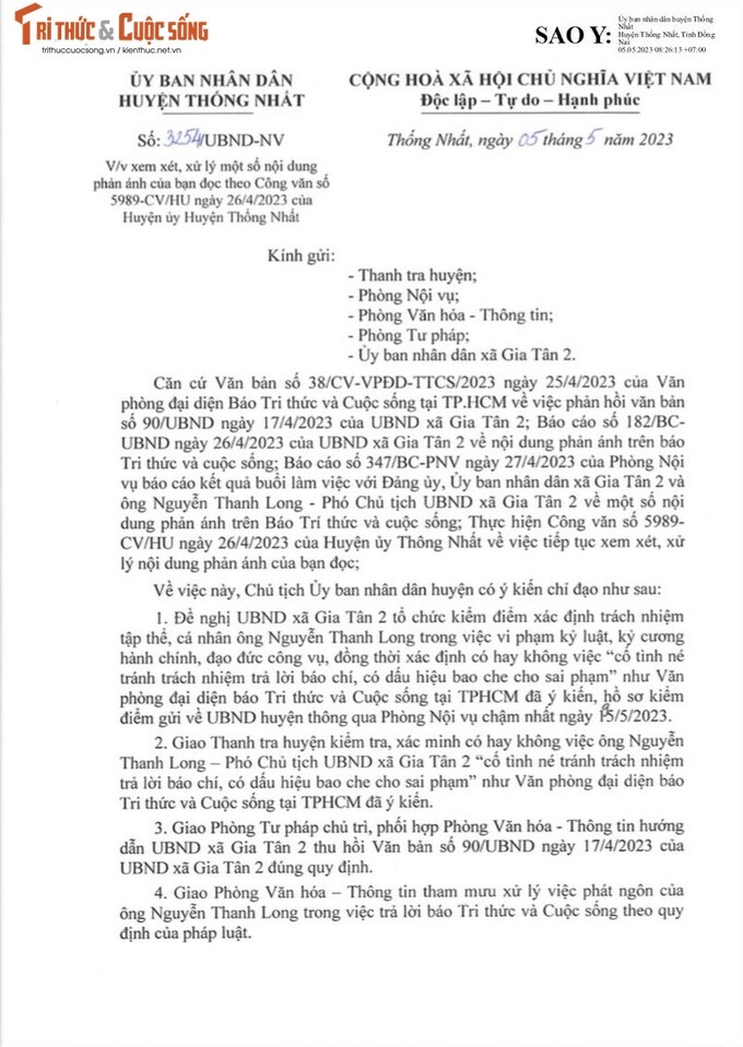 UBND huyện Thống Nhất đề nghị UBND xã Gia Tân 2 nghiêm túc kiểm điểm, xác định trách nhiệm tập thể, cá nhân vi phạm