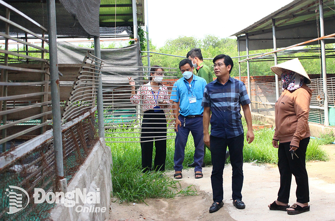 Đoàn liên ngành của H.Thống Nhất kiểm tra môi trường trại vịt tại ấp 1, xã Lộ 25, H.Thống Nhất. Ảnh: H.LỘC