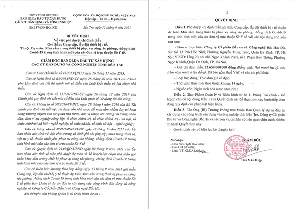 Quyết định phê duyệt gói thầu cung cấp, lắp đặt thiết bị y tế phục vụ công tác phòng, chống dịch bệnh Covid-19 trong tình hình mới. Ảnh: Ngân Nga