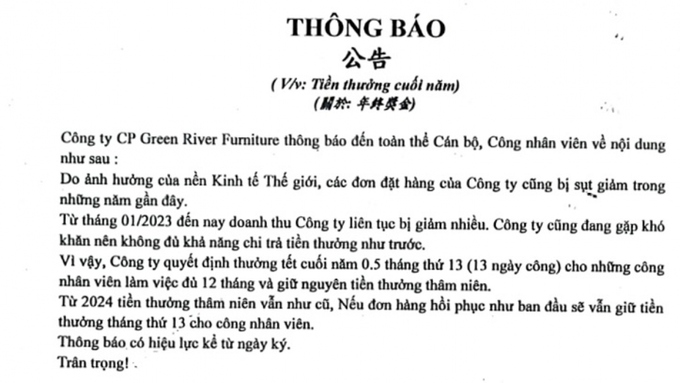 Thông báo chính thức của Công ty Cổ phần Green River Furniture gửi đến công nhân (Ảnh: ĐC).