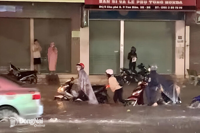 Người đi xe máy dắt bộ qua điểm ngập trước Bệnh viện Đa khoa Thống Nhất. Ảnh: CTV