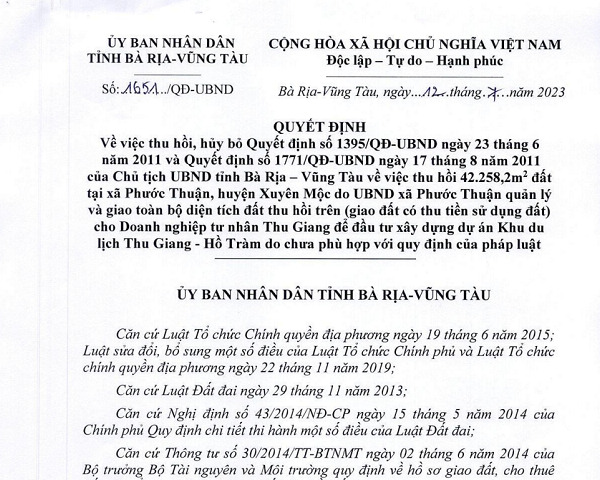 Quyết định số 1651/QĐ-UBND của UBND tỉnh Bà Rịa – Vũng Tàu