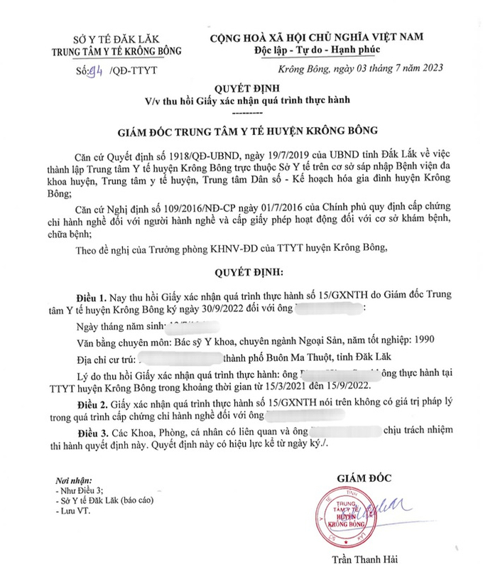 Quyết định thu hồi giấy xác nhận quá trình thực hành của ông P.H.S.