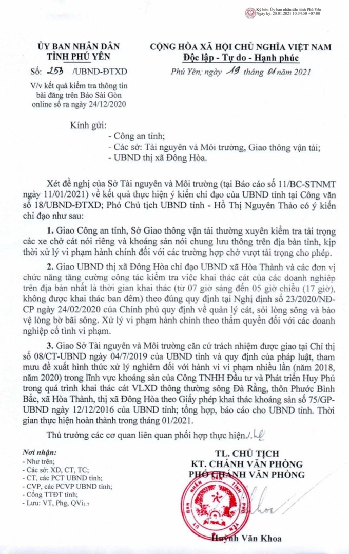 Năm 2021, UBND tỉnh Phú Yên đã từng ra văn bản chỉ đạo các cơ quan ban ngành về việc chấn chỉnh hành vi khai thác trái phép trên địa bàn tỉnh Phú Yên.