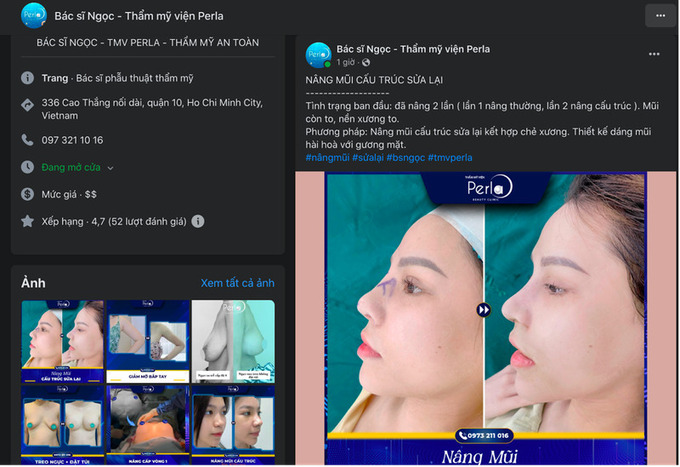 Thẩm mỹ viện Perla vẫn đăng bài quảng cáo trên nền tảng mạng xã hội dù đã bị đình chỉ hoạt động 3 tháng.