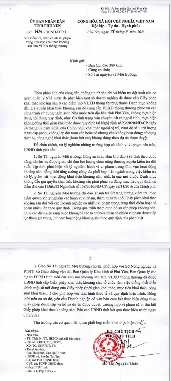 Ngày 28/7/2023, UBND tỉnh Phú Yên chính thức ban hành văn bản số 3829/UBND-ĐTXD về việc kiểm tra, chấn chỉnh sai phạm trong lĩnh vực khai thác khoáng sản làm VLXD thông thường.
