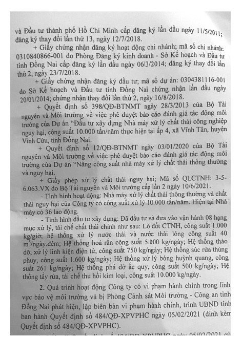 Trích báo cáo số 1536/P.TNMT của Phòng TN&MT huyện Vĩnh Cửu về Công ty Thiên Thanh.