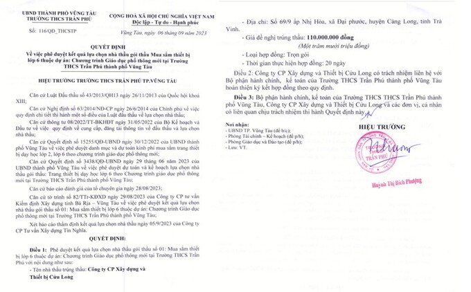 Quyết định 116/QĐ-THCSTP về phê duyệt lựa chọn nhà thầu gói thầu Mua sắm thiết bị lớp 6 của Trường THCS Trần Phú.