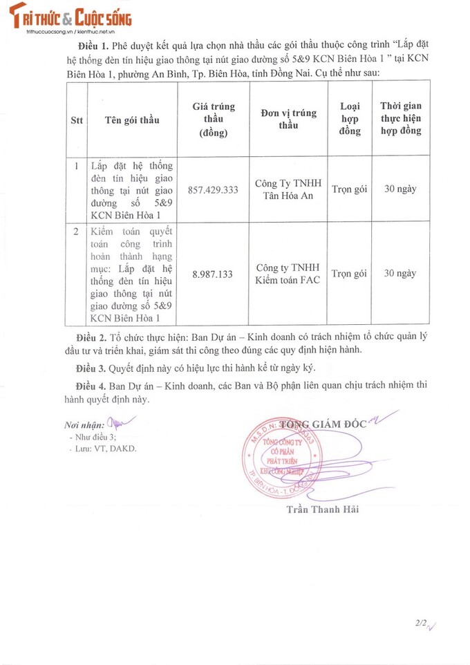 Quyết định phê duyệt kết quả lựa chọn nhà thầu của Tổng công ty Sonadezi