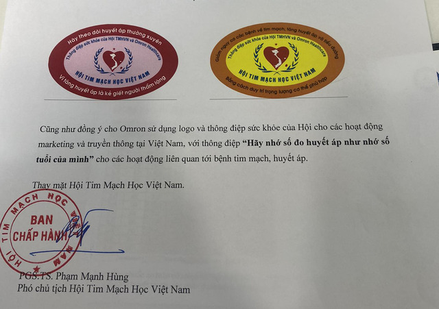 Giấy xác nhận giữa Hội tim mạch học Việt Nam và Omron không có thông tin