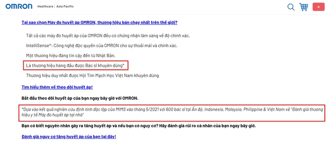 Lời quảng cáo “thương hiệu hàng đầu được bác sĩ khuyên dùng” trên website của Omron.