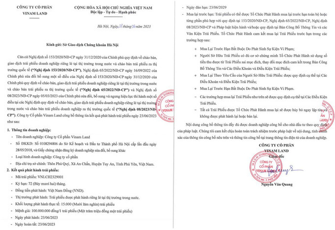 Văn bản ghi Công ty Cổ phần Vinam Land gửi Sở Giao dịch chứng khoán Hà Nội thông báo bán lô trái phiếu 1.500 tỉ đồng đã phát ra