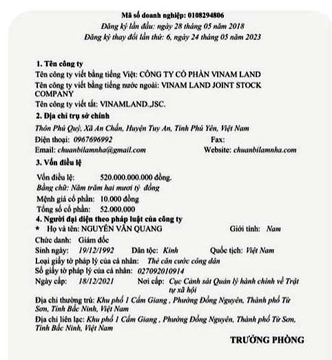 Công ty Cổ phần Vinam Land đăng ký thay đổi kinh doanh tại tỉnh Phú Yên