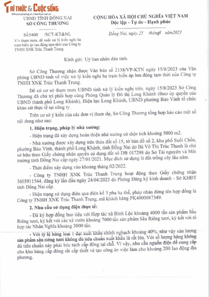 Một phần văn bản của Sở Công thương tỉnh Đồng Nai