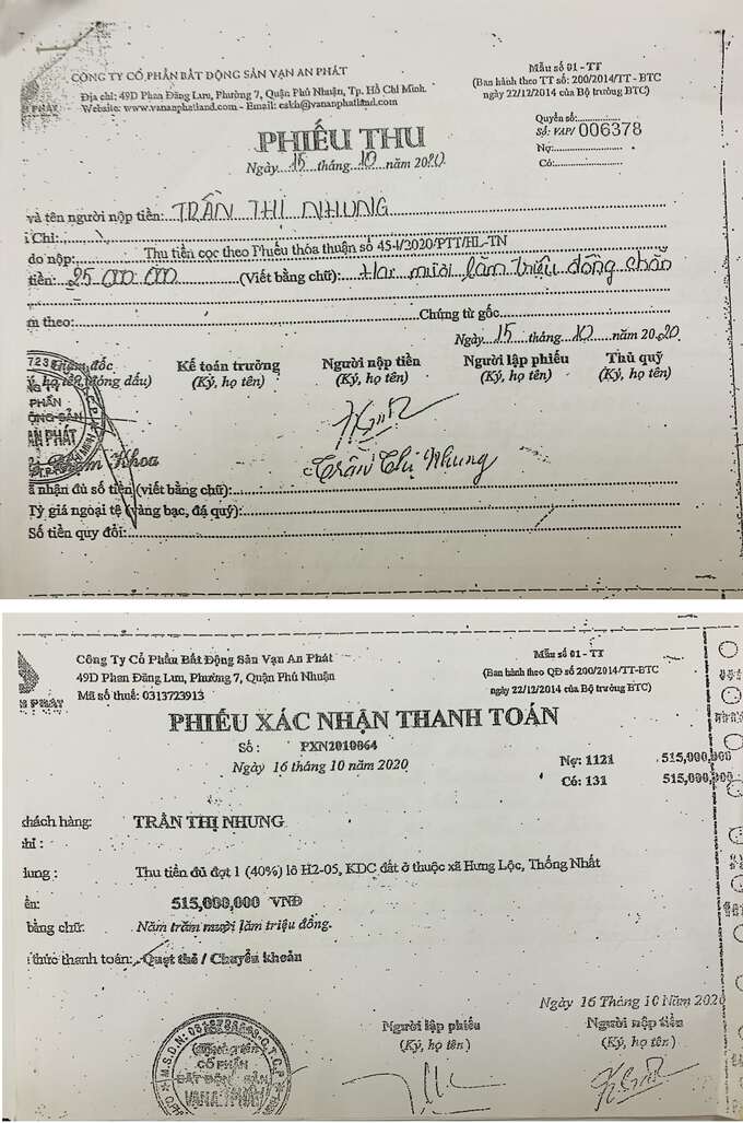 Phiếu thu tiền đặt cọc và phiếu xác nhận thanh toán đợt 1 khu dân cư xã Hưng Lộc, huyện Thống Nhất, tỉnh Đồng Nai.