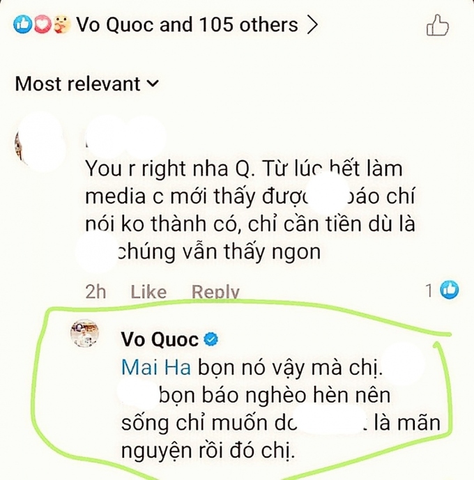 Một bình luận của FB Vo Quoc có nội dung xúc phạm báo chí (Ảnh chụp màn hình)