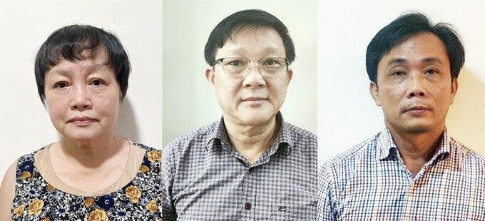 Các bị can (từ trái sang): Trần Thị Bình Minh, Phan Tất Thắng, Huỳnh Trọng Nghĩa