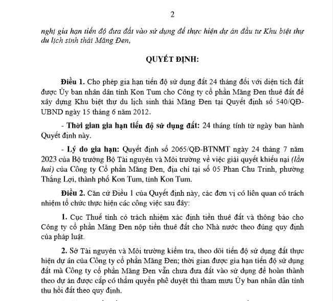 Quyết định gia hạn tiến độ sử dụng đất của UBND tỉnh Kon Tum.