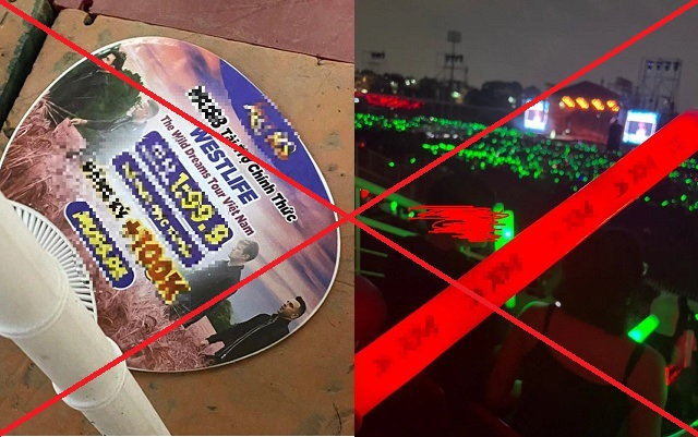 Một số vật phẩm như lightstick, quạt xuất hiện trong đêm nhạc Westlife có in logo, thông tin quảng cáo sàn giao dịch tiền ảo, web cá độ