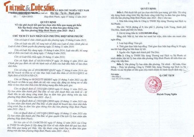 Quyết định số 63/QĐ-UBND về việc phê duyệt kết quả lựa chọn nhà thầu của UBND phường Hiệp Bình Phước.