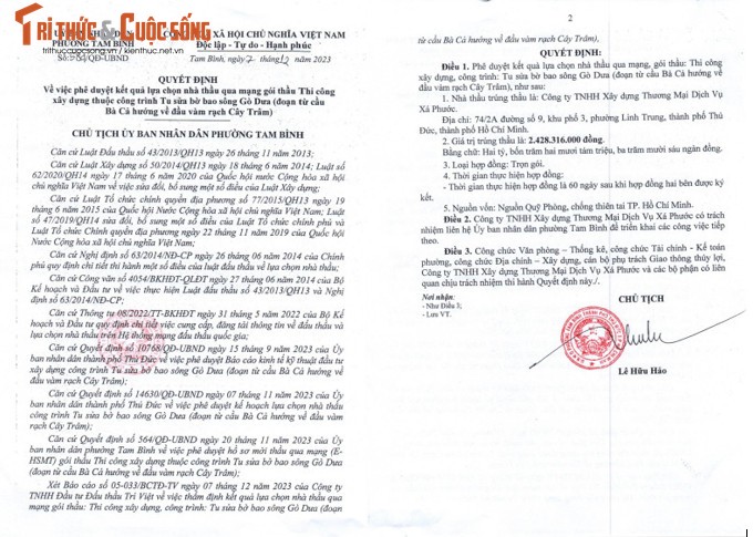 Quyết định số 584/QĐ-UBND về việc phê duyệt kết quả lựa chọn nhà thầu của UBND phường Tam Bình