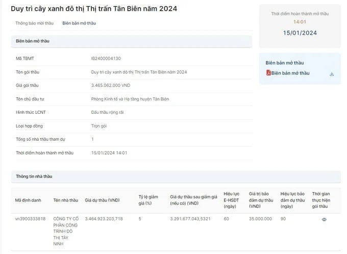 Duy nhất một doanh nghiệp dự gói thầu duy trì cây xanh đô thị, thị trấn Tân Biên năm 2024. Nguồn MSC