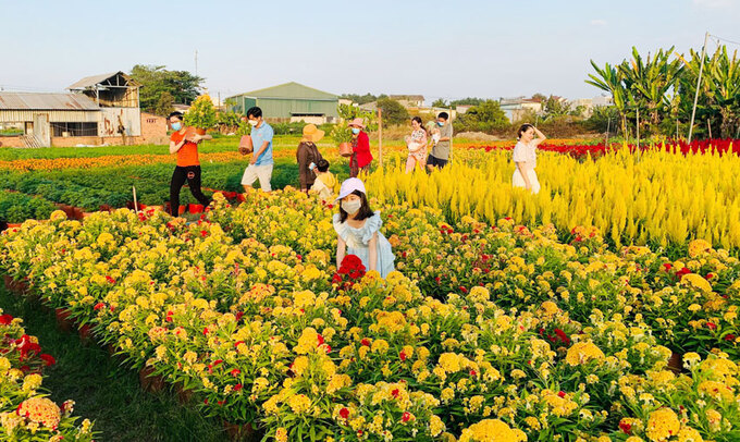 Du khách hào hứng tham quan làng hoa tết Tân Ba. Ảnh: XUÂN THI