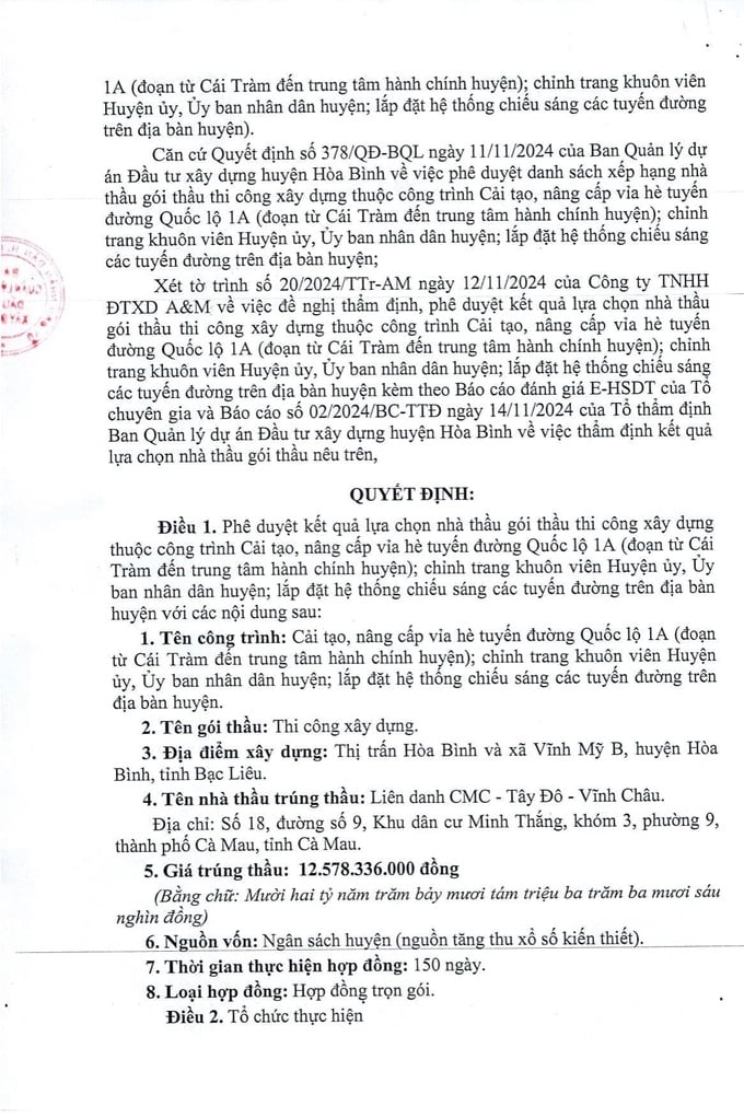 Trích Quyết định số 395/QĐ-BQL phê duyệt cho Liên danh CMC - Tây Đô - Vĩnh Châu (Công ty CP Xây dựng - Thương mại CMC & Công ty TNHH Thương mại và Xây dựng Tây Đô & Công ty TNHH MTV Công trình Đô thị Vĩnh Châu) trúng thầu (Nguồn MSC)