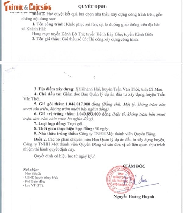 Một phần trong Quyết định phê duyệt KQLCNT Gói thầu số 05: Thi công xây dựng công trình, thuộc dự án Khắc phục sụt lún, sạt lở đường giao thông trên địa bàn xã Khánh Hải. (Nguồn: MSC)