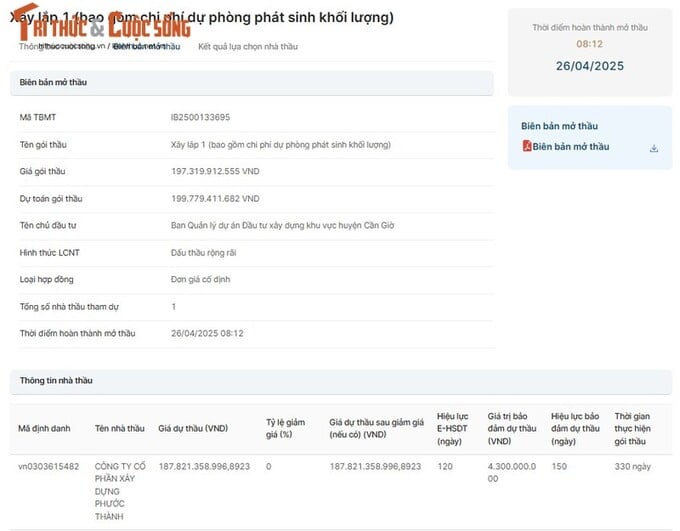 Duy nhất Công ty CP Xây dựng Phước Thành dự thầu với giá hơn 187,82 tỷ đồng. Nguồn: MSC