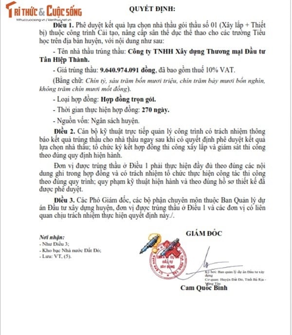 Một phần trong Quyết định phê duyệt KQLCNT Gói thầu số 01 (Xây lắp + thiết bị), thuộc dự án Cải tạo, nâng cấp sân thể dục thể thao cho các trường Tiểu học trên địa bàn huyện. (Nguồn: MSC)
