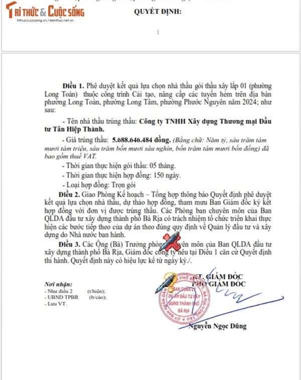Một phần trong Quyết định phê duyệt KQLCNT Gói thầu Xây lắp gói 01 (phường Long Toàn), thuộc dự án Cải tạo, nâng cấp các tuyến hẻm trên địa bàn phường Long Toàn, phường Long Tâm, phường Phước Nguyên năm 2024. (Nguồn: MSC)