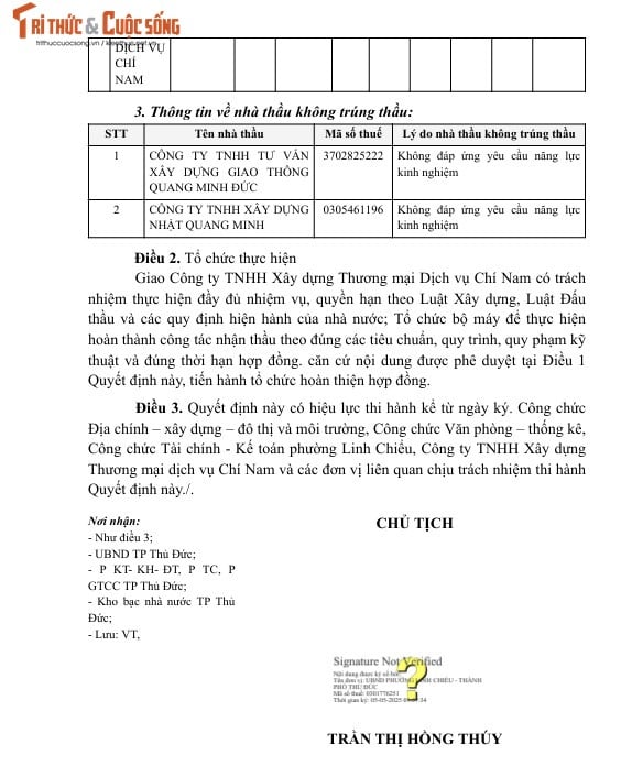 Ngày 05/05/2025, bà Trần Thị Hồng Thúy - Chủ tịch UBND phường Linh Chiểu đã phê duyệt Quyết định KQ2500094862_2505050901 Công ty TNHH Xây dựng Thương mại Dịch vụ Chí Nam trúng thầu với giá hơn 1,86 tỷ đồng thực hiện trong 120 ngày. Nguồn: MSC