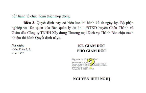 Quyết định phê duyệt kết quả lựa chọn nhà thầu Gói thầu: Sửa chữa đê bao tuyến kênh Xẻo Chồi, ấp Đông Mỹ. Nguồn: MSC
