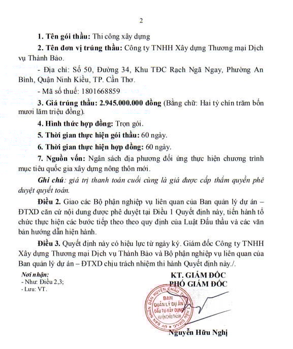 Quyết định phê duyệt kết quả lựa chọn nhà thầu Gói thầu Thi công xây dựng thuộc dự án Đường GTNT tuyến Ngã Tư - 927C, xã Phú Tân. Nguồn: MSC