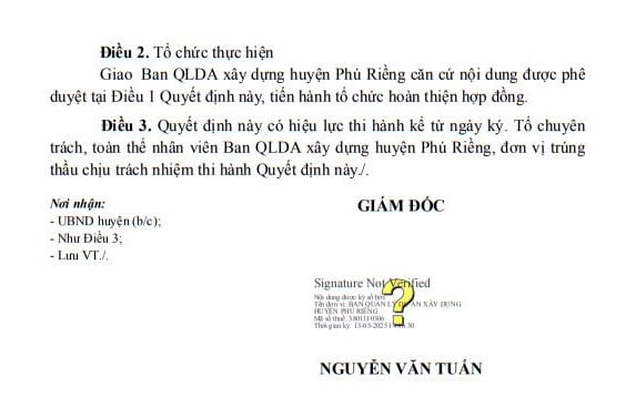 Quyết định phê duyệt KQLCNT gói thầu Nâng cấp đường dọc suối Dên, xã Phú Riềng, huyện Phú Riềng. Nguồn: MSC