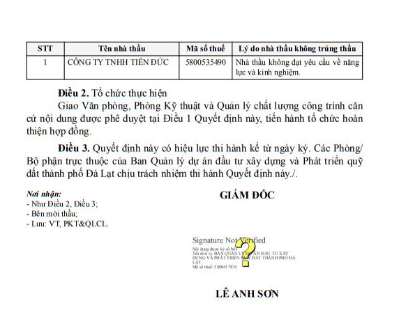 Quyết định phê duyệt KQLCNT Gói thầu số 01: Thi công xây dựng công trình Nâng cấp đường tổ 4 thôn Đa Thọ, xã Xuân Thọ (bao gồm dự phòng). Nguồn: MSC