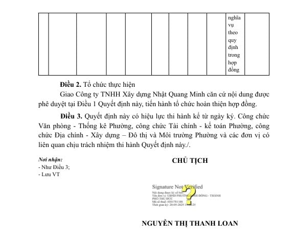 Ngày 20/5/2025, Chủ tịch UBND phường Linh Đông - bà Nguyễn Thị Thanh Loan đã phê duyệt Quyết định KQ2500153710_2505191105 Công ty TNHH Xây dựng Nhật Quang Minh trúng gói thầu số 4: Xây lắp với giá hơn 1,43 tỷ. Nguồn: MSC