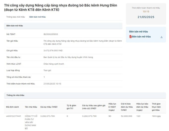 Biên bản mở thầu đã công bố ngày 21/05/2025. Nguồn MSC