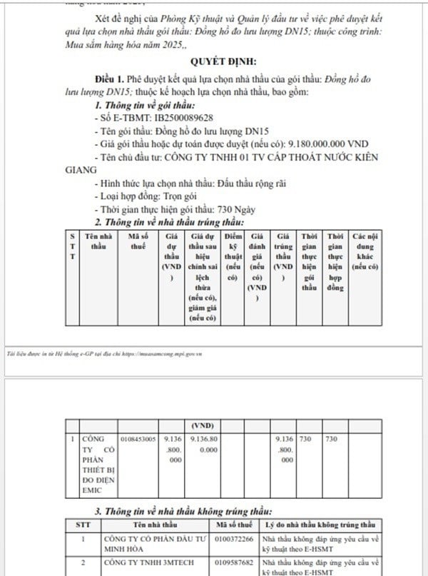 Một phần trong Quyết định phê duyệt KQLCNT gói thầu Đồng hồ đo lưu lượng DN15, thuộc dự toán mua sắm hàng hóa năm 2025; Hạng mục: Đồng hồ đo lưu lượng DN15 + Van góc đồng DN15. (Nguồn: MSC)