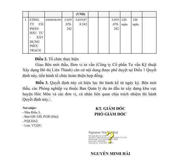 Ông Nguyễn Minh Hải - Phó Giám đốc Ban QLDA ĐTXD khu vực huyện Hóc Môn đã phê duyệt Quyết định KQ2500114382_2504231139 Công ty CP Đầu tư – Xây dựng Phúc Trạch trúng thầu với giá hơn 3,01 tỷ đồng. Nguồn: MSC
