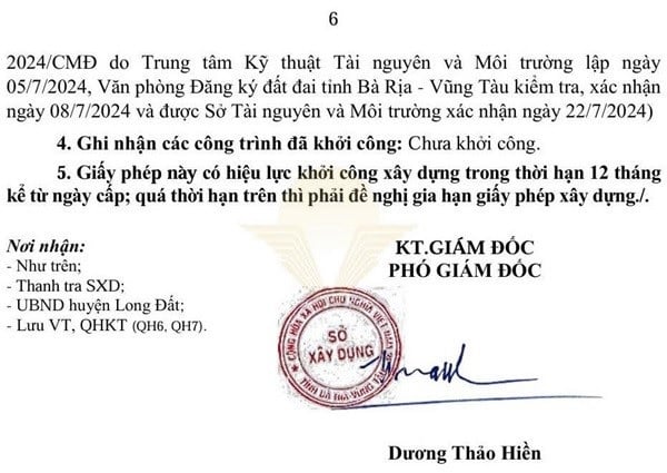 Trích một phần trong Giấy phép xây dựng số 02/GPXD của Sở Xây dựng tỉnh Bà Rịa – Vũng Tàu ngày 21/01/2025: Hạng mục công trình Hạ tầng kỹ thuật thuộc dự án Khu nhà ở sinh thái An Điền.