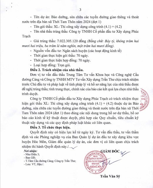 Ngày 19/9, Ban Quản lý dự án đầu tư xây dựng khu vực huyên Hóc Môn đã phê duyệt Quyết định số 1381/QĐ-QLDA Công ty CP Đầu tư – Xây dựng Phúc Trạch trúng thầu với giá 7.022.305.120 đồng. Nguồn: MSC