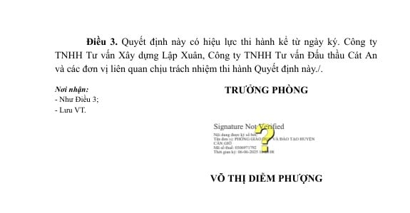 Cũng trong ngày 6/6, Trưởng phòng Phòng Giáo dục và Đào tạo huyện Cần Giờ - bà Võ Thị Diễm Phượng đã phê duyệt Quyết định cho Công ty Xây dựng 8868 trúng thầu với giá hơn 2,319 tỷ đồng. Nguồn: MSC