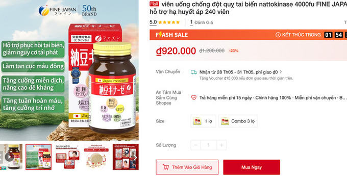 Sản phẩm được quảng cáo chống đột quỵ, tai biến được bán trên mạng. Ảnh chụp màn hình/Nguồn NLĐ