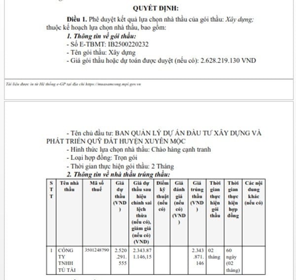Một phần trong Quyết định phê duyệt KQLCNT Gói thầu xây dựng, thuộc dự án Sửa chữa, nâng cấp các tuyến đường GTNT và mương thoát nước tổ 6 ấp Trang Hoàng, Trang Trí, Trang Định xã Bông Trang. (Nguồn MSC)