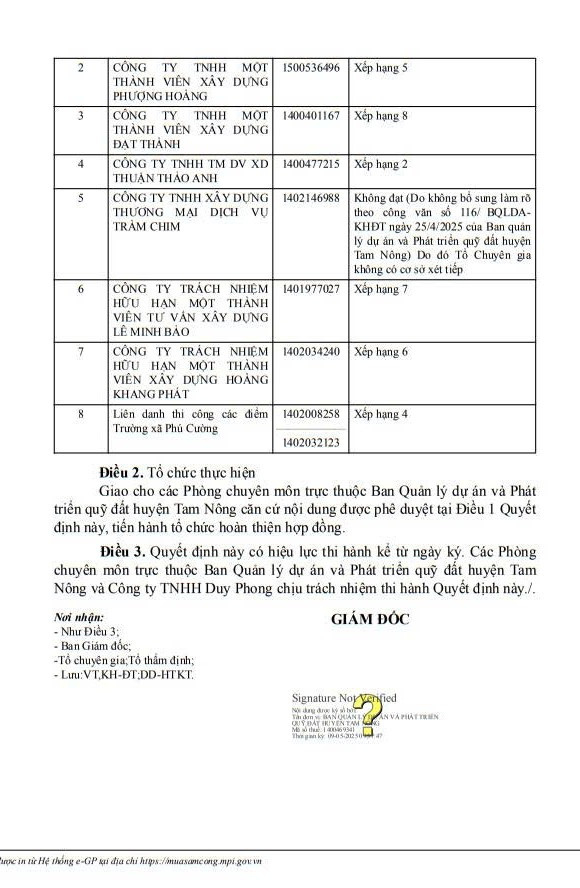 Quyết định phê duyệt KQLCNT Gói thầu số 3: Sửa chữa, cải tạo và mua sắm thiết bị các điểm Trường trên địa bàn xã Phú Cường. Nguồn: MSC