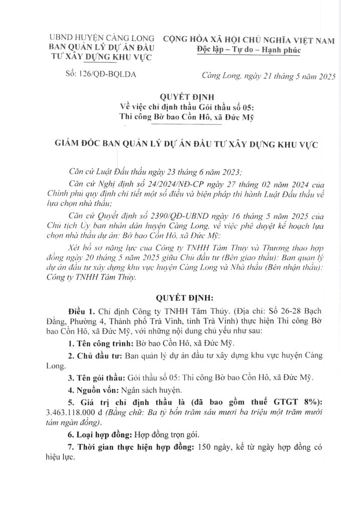 Trích Quyết định số 126/QĐ-BQLDA phê duyệt cho Công ty TNHH Tâm Thủy trúng thầu (Nguồn MSC)