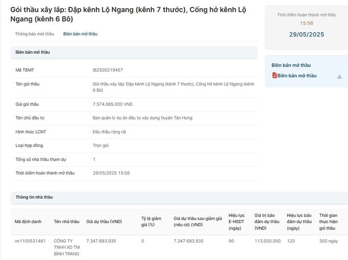 Biên bản mở thầu đã công bố ngày 29/5. Nguồn: MSC