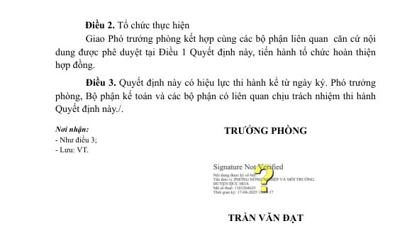Ngày 17/04/2025, ông Trần Văn Đạt - Trưởng phòng Phòng Nông nghiệp và Môi trường huyện Đức Hòa đã phê duyệt KQ2500104308_2504171308 Công ty Cường Nam trúng thầu với giá hơn 2,39 tỷ đồng thực hiện trong 240 ngày. Nguồn: MSC